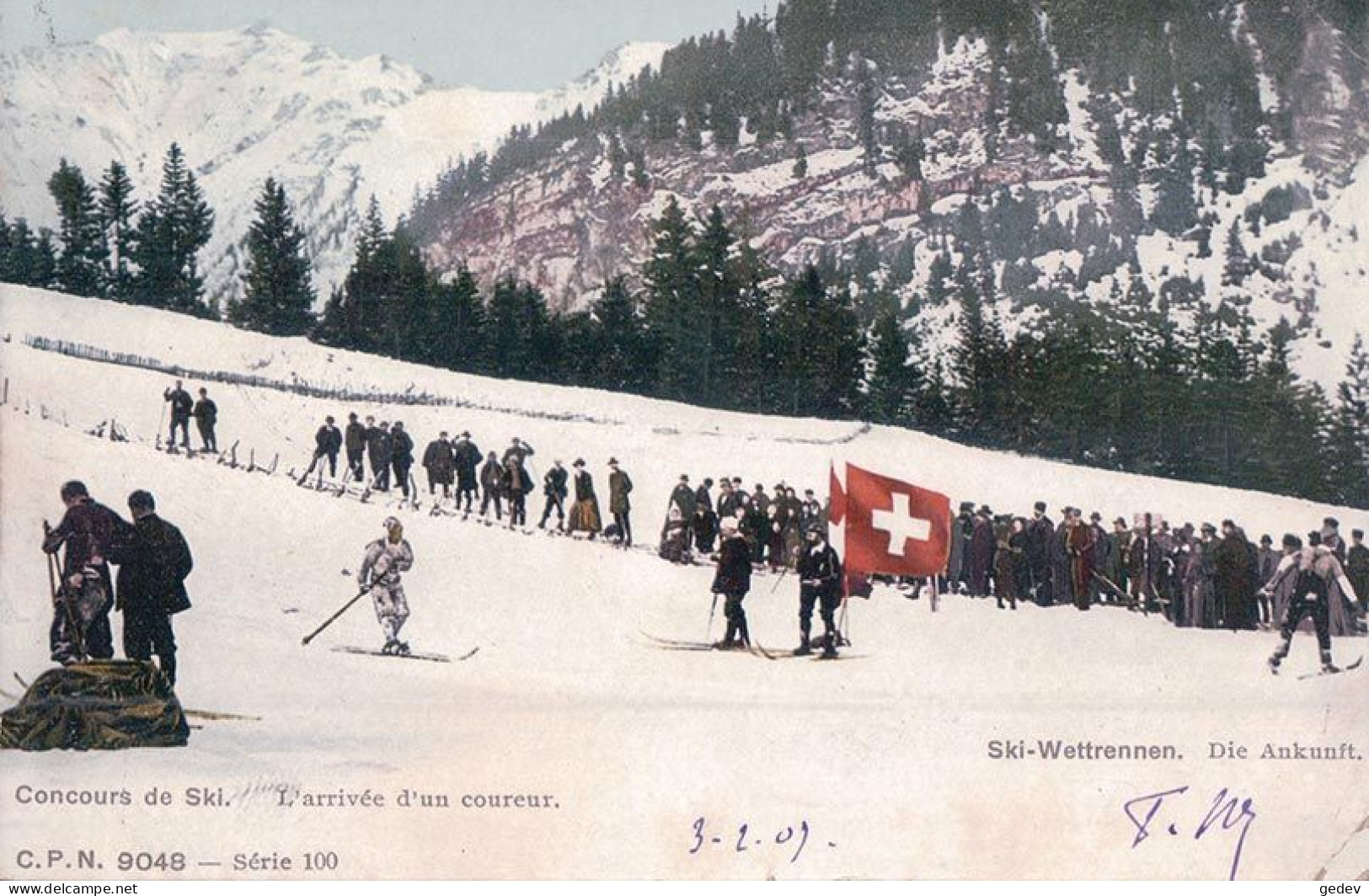 Sport D'hiver, Concours De Ski, L'arrivée D'un Coureur (9048) Pli D'angle - Sports D'hiver