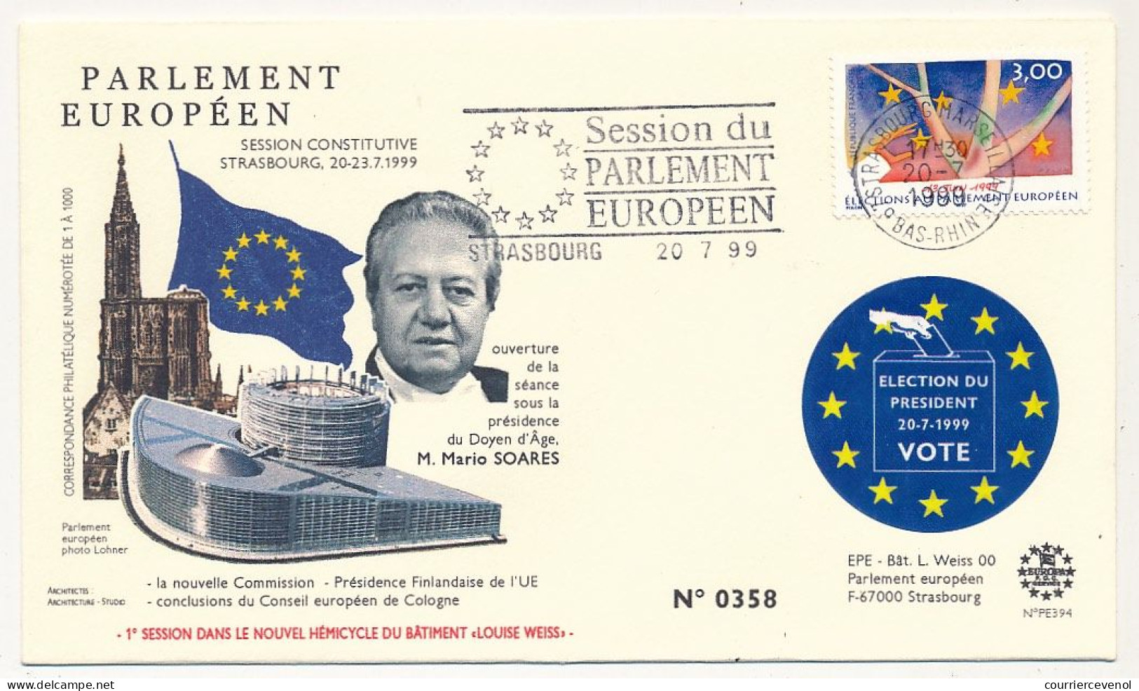 FRANCE - Env 3,00 Elections OMEC Strasbourg Session Parlement Européen 20/07/1999 - M. Mario Soares - Storia Postale