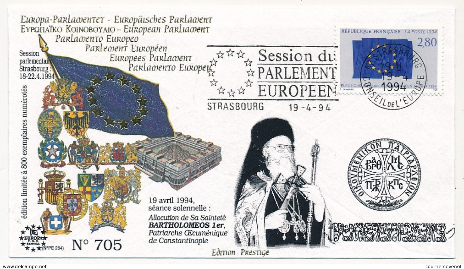 FRANCE - Env 2,80 Elections OMEC Strasbourg Session Parlement Européen 19/04/1994 - Patriarche Bartholomeos 1er - Covers & Documents