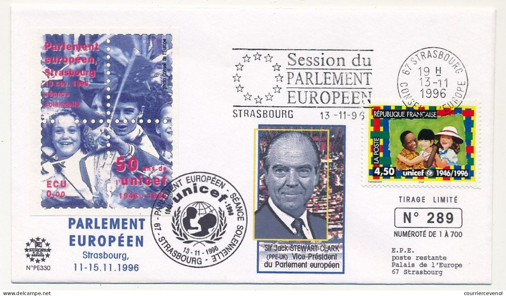 FRANCE - Env 4,50 Unicef OMEC Strasbourg Session Parlement Européen 13/11/1996 - M. Jack Stewart-Clark - Covers & Documents