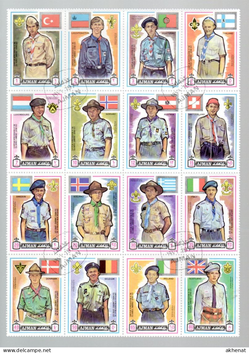 BIG - AJMAN , Blocco Di 16 Pezzi Diversi Usato SCOUT JAMBOREE 1971. Europei - Usados