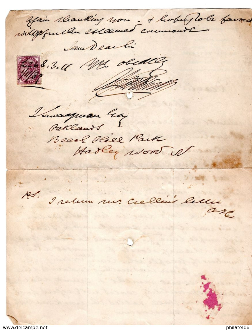 ROYAUME UNI  DOCUMENT AVEC FISCAL  EPOQUE REGNE VICTORIA  1887 - Fiscali