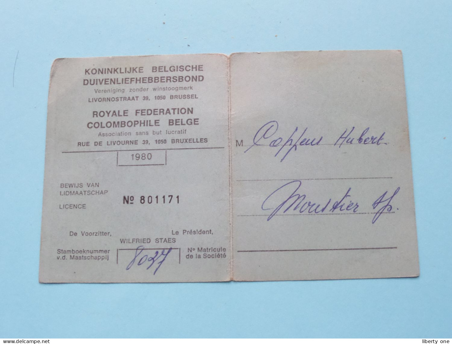 Koninklijke Belgische Duivenliefhebbersbond / Royale Federation Colombophile Belge ( Zie / Voir SCANS ) 1980 ! - Cartes De Membre