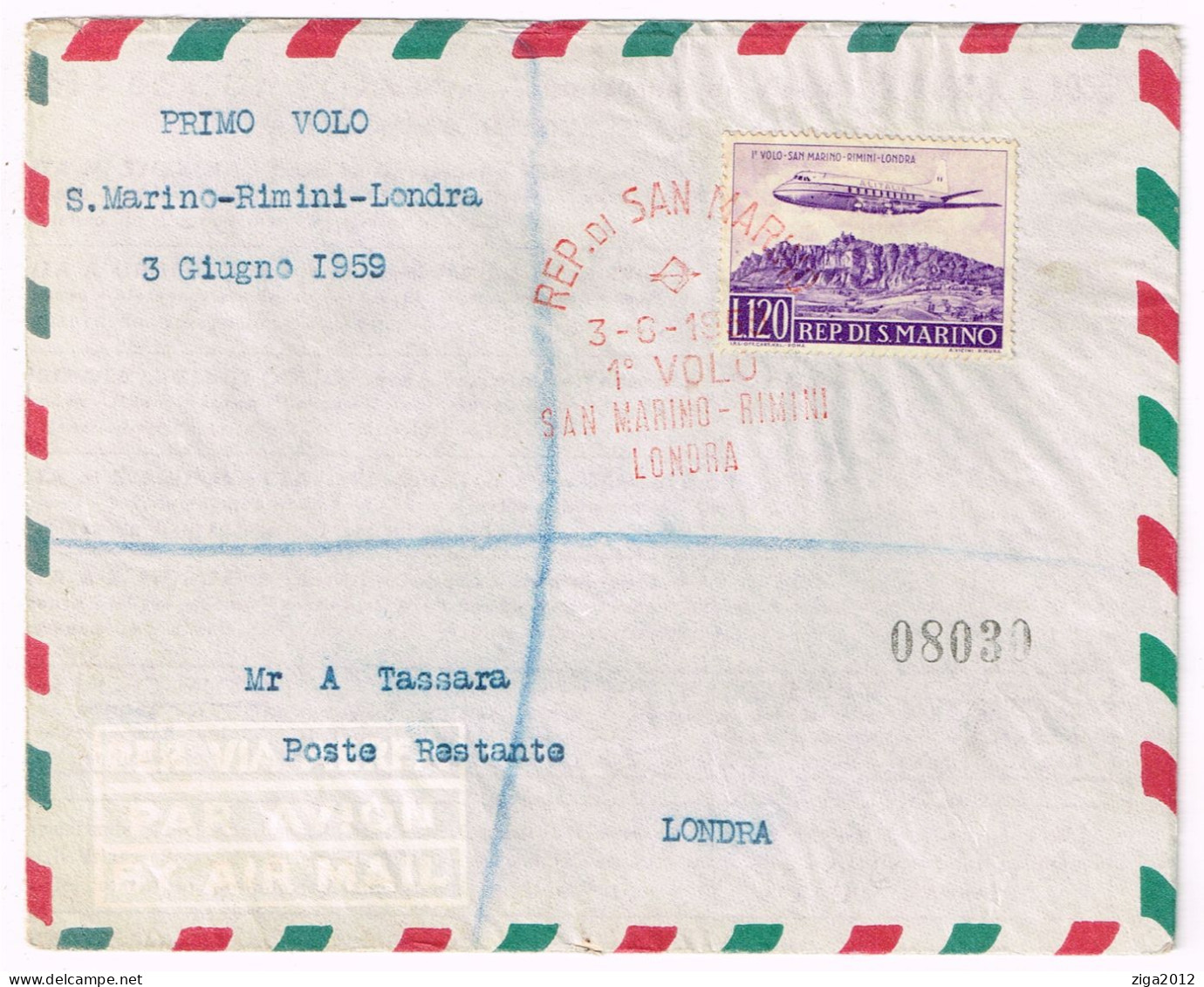 1959  BUSTA PRIMO VOLO SAN MARINO-RIMINI-LONDRA CONTENENTE CARTONCINO PUBBLICITARIO - Covers & Documents