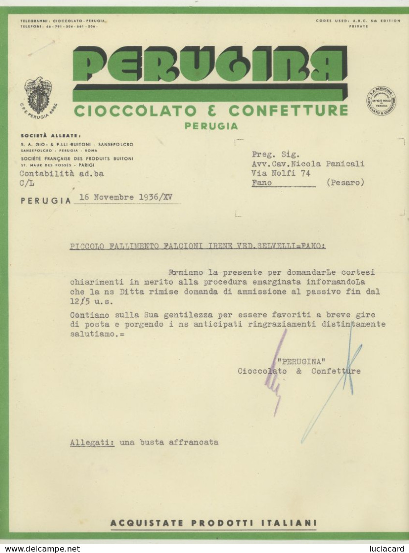 PERUGIA -PERUGINA -CIOCCOLATO E CONFETTURE -PERUGIA -F.LLI BUITONI -SANSEPOLCRO 1936 - Schokolade