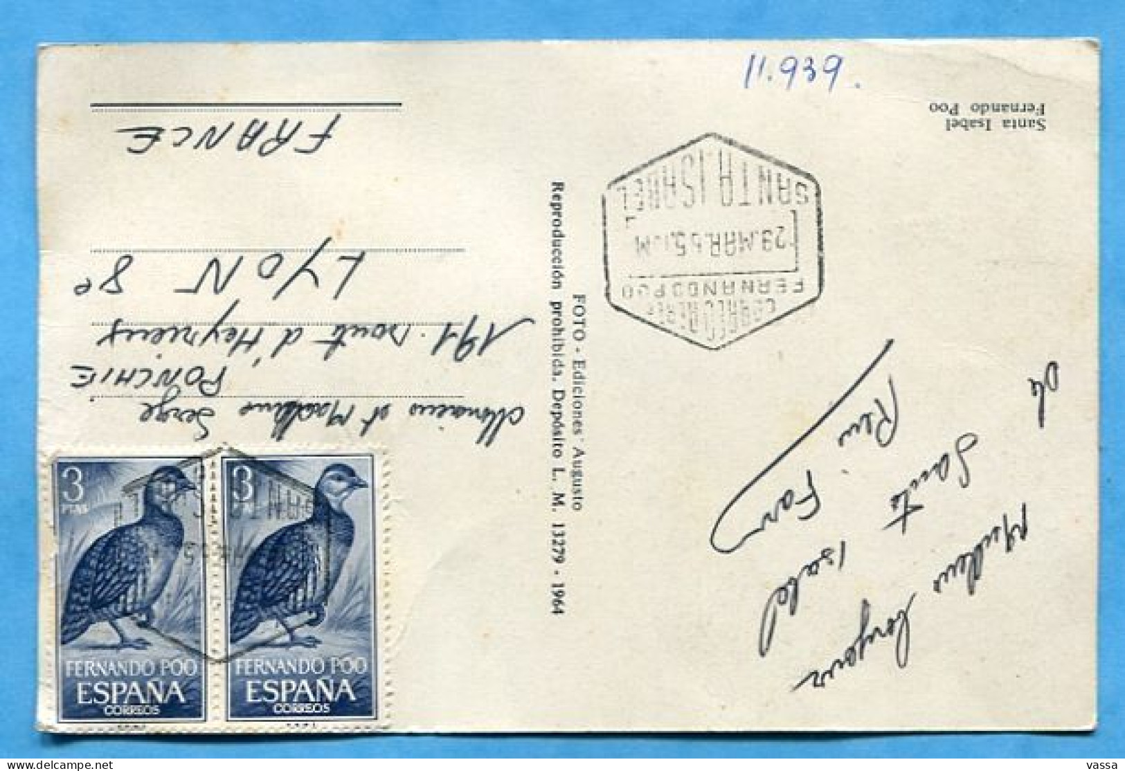 1965. FERNANDO - POO.- Postcard With 2 X 3 Pts Bird Canc. SANTA ISABEL Postmark . Oiseaux ESPAGNE. Auto - Fernando Po