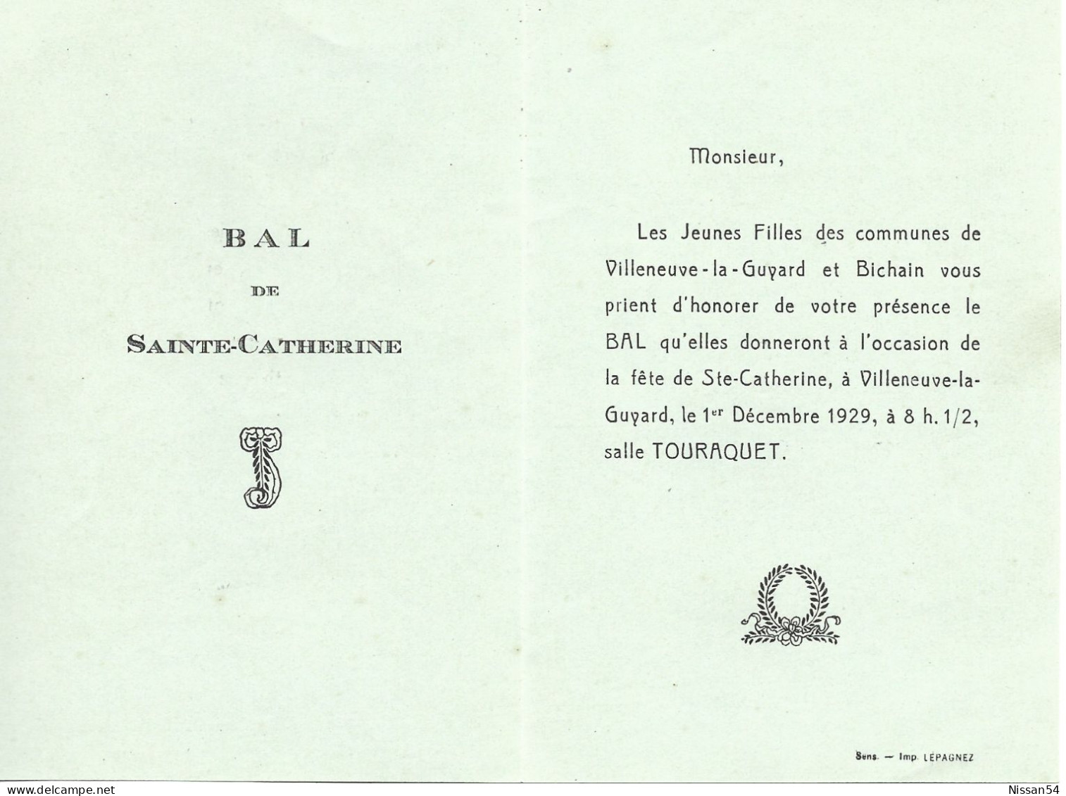 INVITATION BAL DE SAINT CATHERINE  - VILLENEUVE LA GUYARD (89) 1929 - Receptions