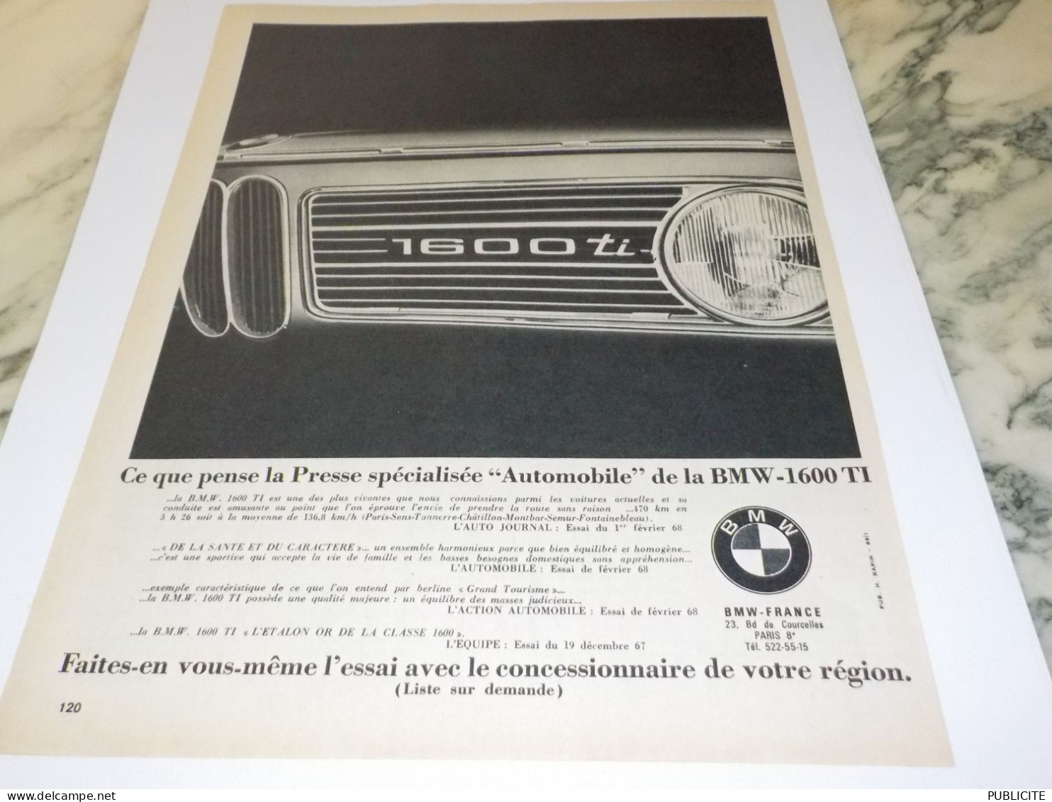 ANCIENNE PUBLICITE  1600 TI DE BMW  1968 - Voitures