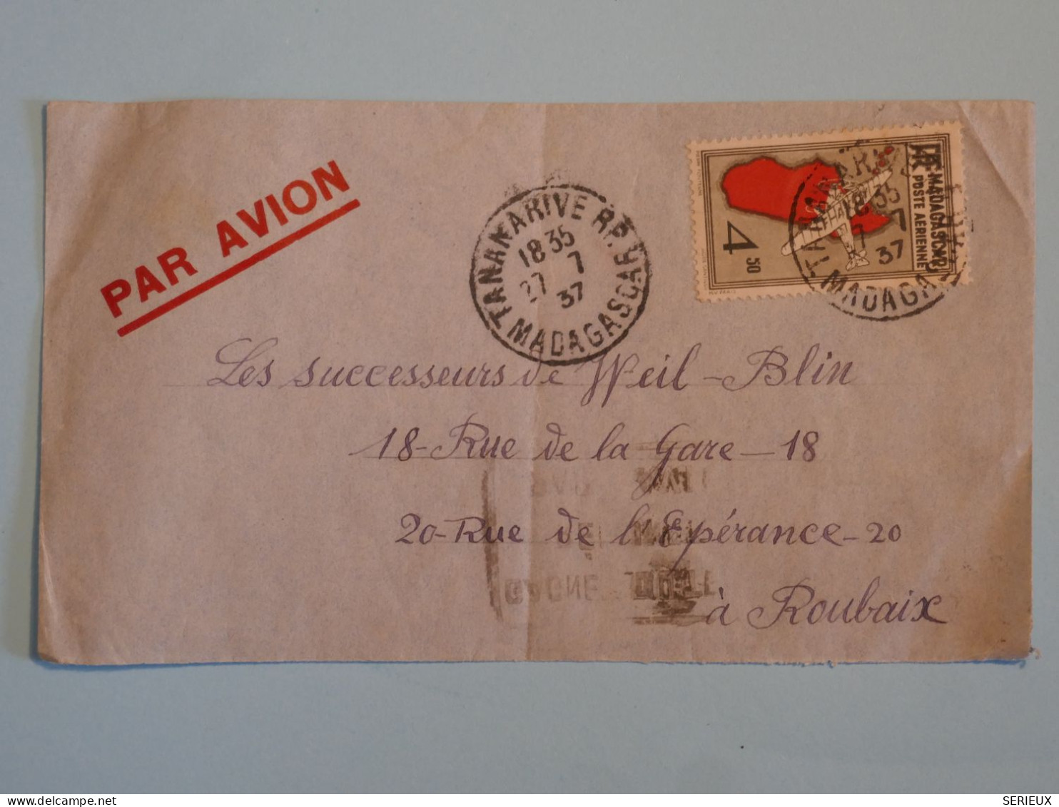 BT20 MADAGASCAR  BELLE LETTRE RR  1937 TANANARIVE A ROUBAIX FRANCE+ PA N°7+AFF. PLAISANT  ++ - Covers & Documents