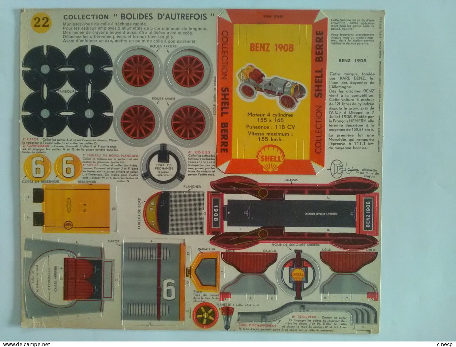 JEU ANCIEN Bolides D'Autrefois Carton Prédécoupé Collection Shell Berre N°22 BENZ 1908 JOUET AUTOMOBILE - Kartonmodellbau  / Lasercut