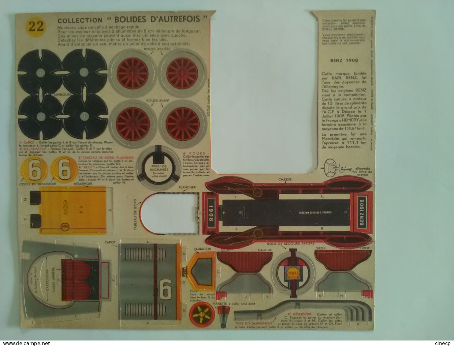 JEU ANCIEN Bolides D'Autrefois Carton Prédécoupé Collection Shell Berre N°22 BENZ 1908 JOUET AUTOMOBILE - Kartonmodellbau  / Lasercut