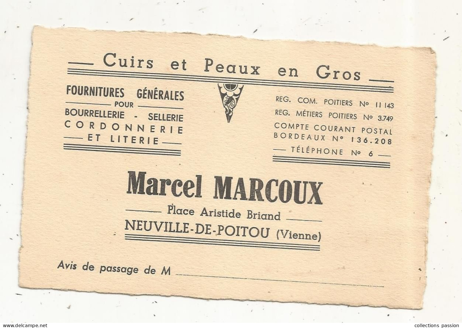Carte De Visite, Cuirs Et Peaux En Gros, Marcel MARCOUX, 86, NEUVILLE DE POITOU - Visiting Cards