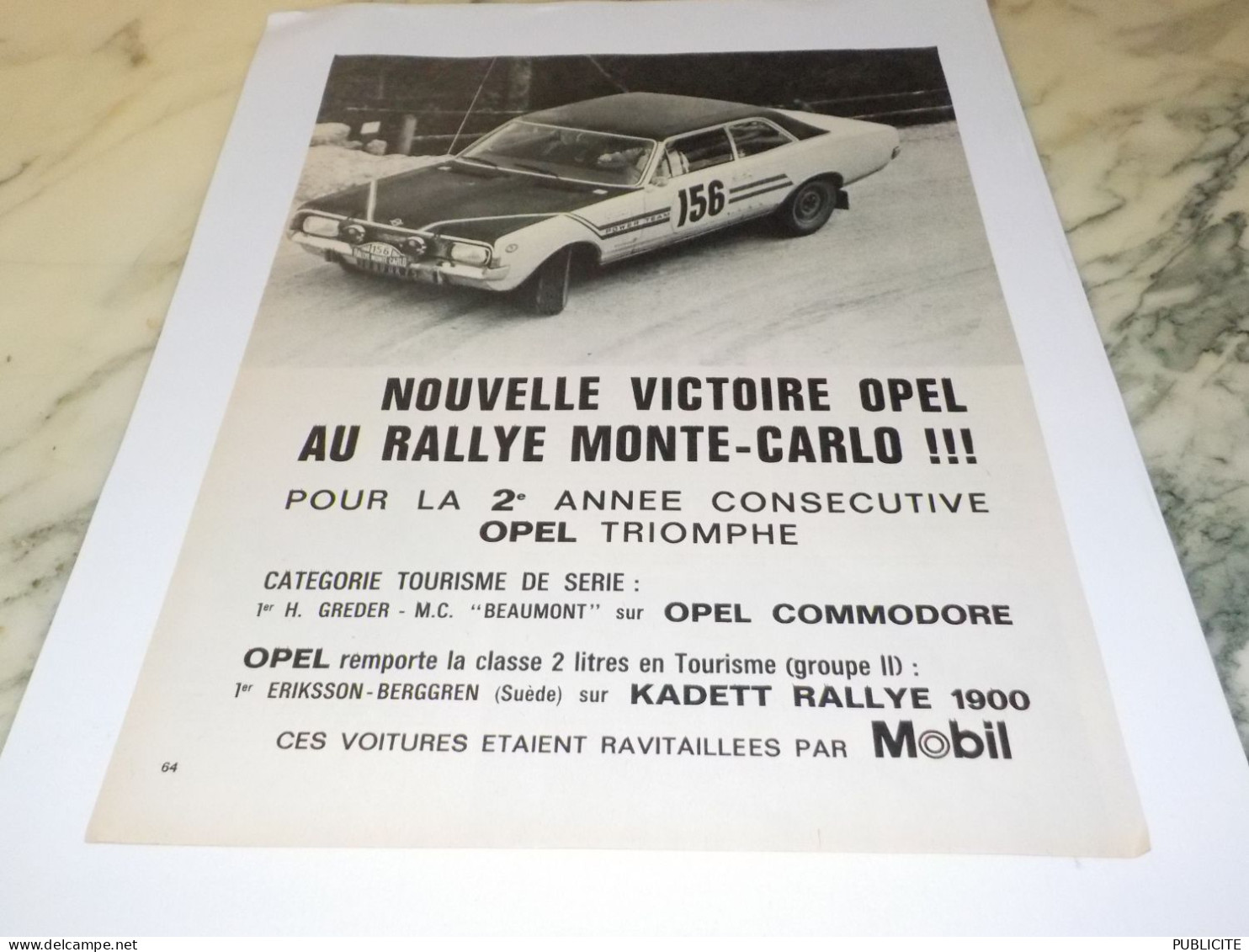 ANCIENNE PUBLICITE VICTOIRE OPEL 1968 - Voitures