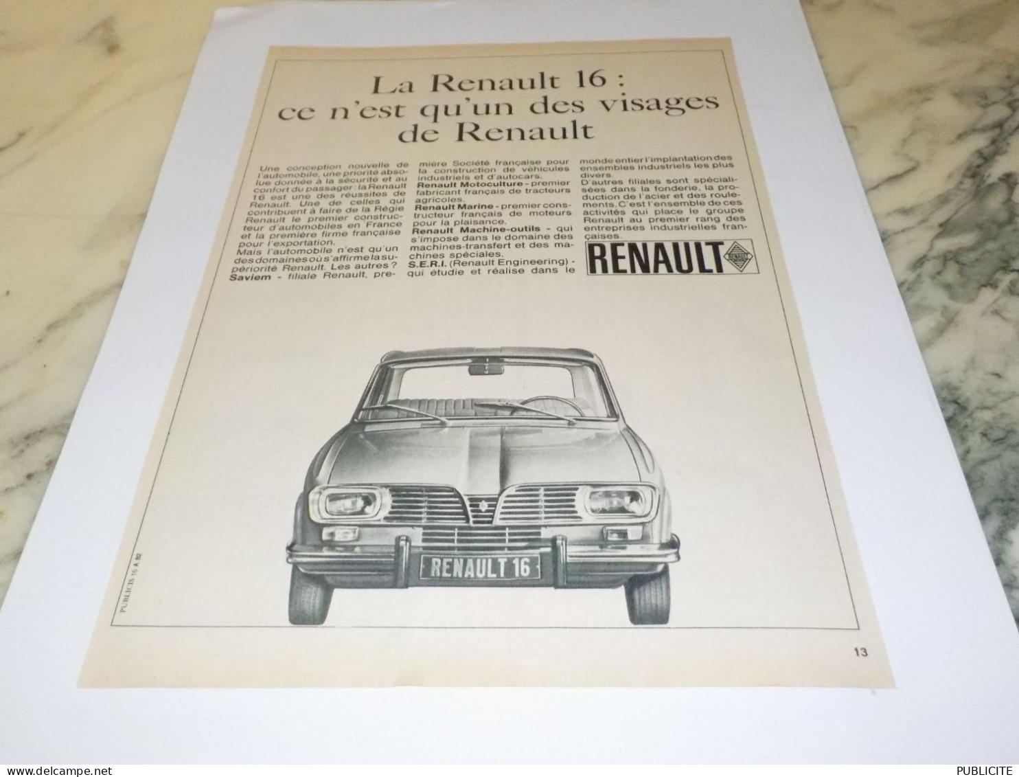 ANCIENNE PUBLICITE VISAGE DE LA RENAULT 16 1968 - Voitures