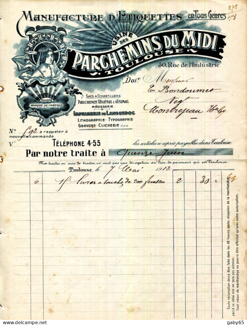 FACTURE.31.TOULOUSE.MANUFACTURE D'ETIQUETTES.PARCHEMINS DU MIDI 30 RUE DE L'INDUSTRIE. - Imprenta & Papelería