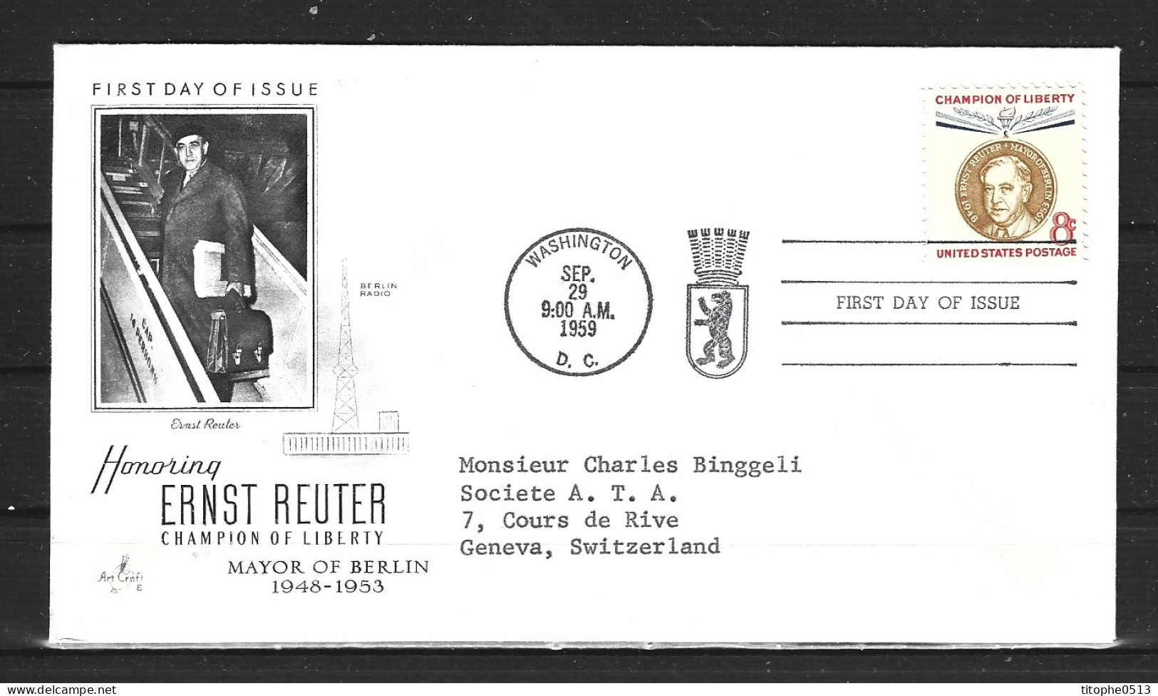 USA. N°676 De 1959 Sur Enveloppe 1er Jour. Maire De Berlin/Ernest Reuter. - 1951-1960