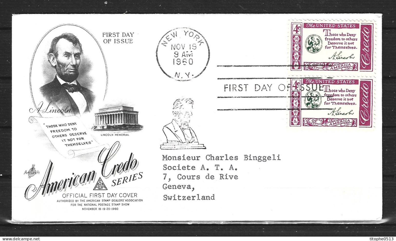 USA. N°678D De 1960 Sur Enveloppe 1er Jour. Credo Américain/Lincoln. - 1951-1960