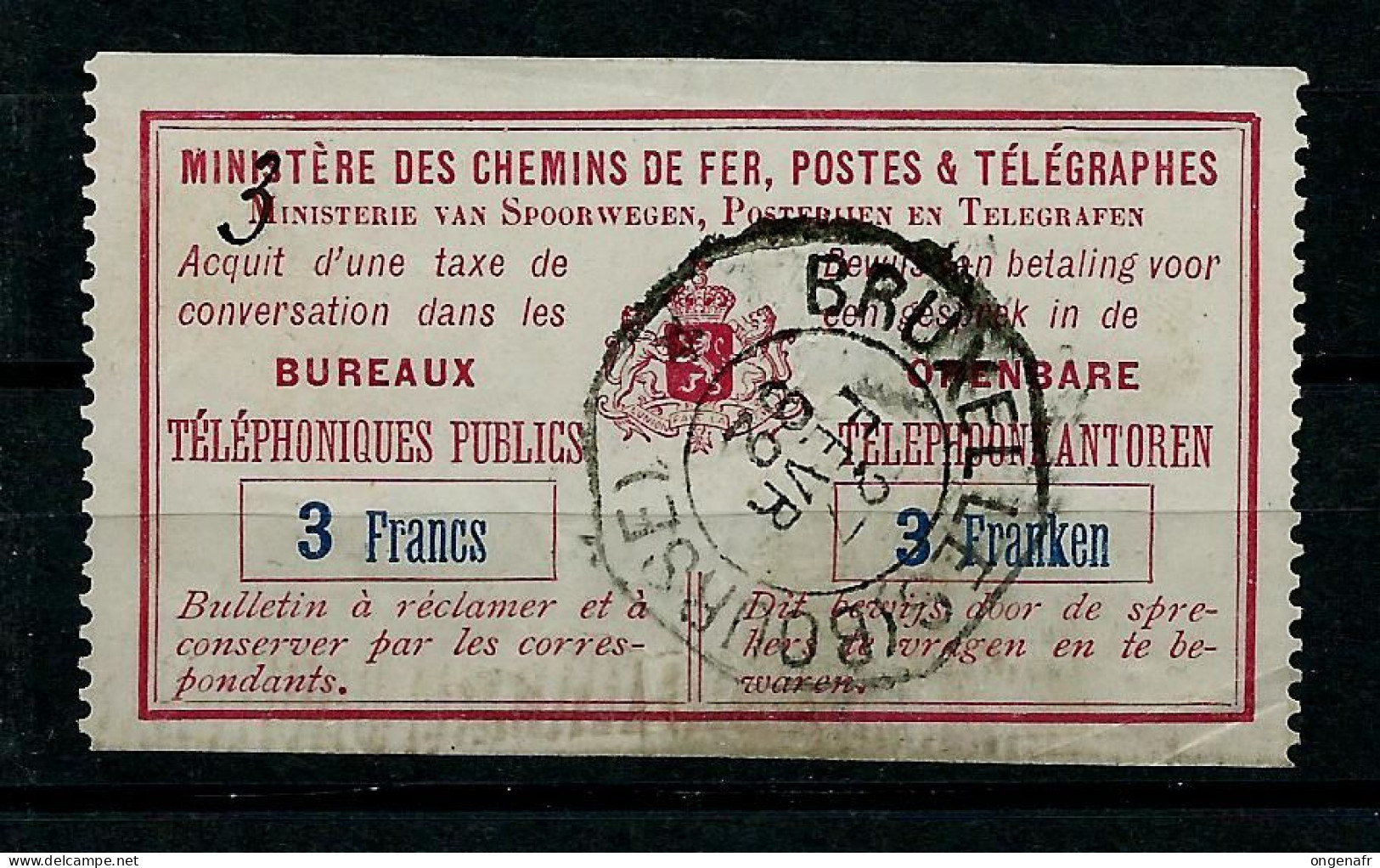 Souche  Obl. Du N° TE4 Obl. BRUXELLES 02/02/1892  ( Côte: 250€ ) - Timbres Téléphones [TE]