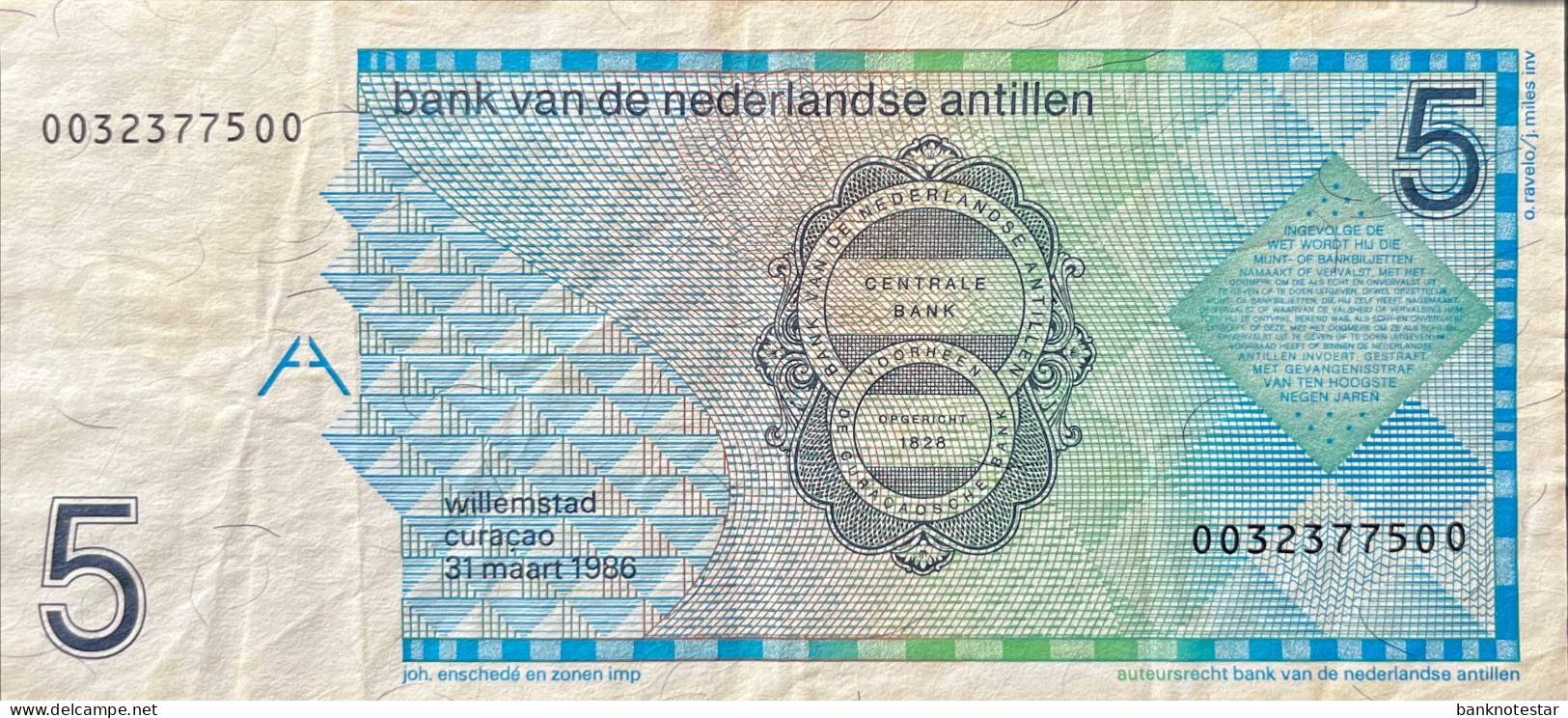 Netherland Antilles 5 Gulden, P-22a (31.03.1986) - Very Fine - Niederländische Antillen (...-1986)