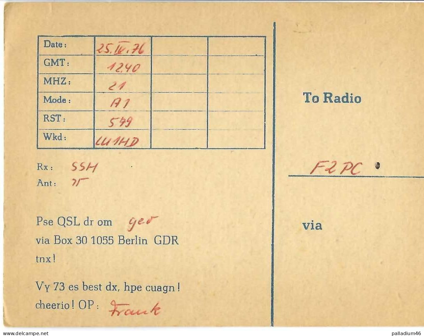 QSL ALLEMAGNE BERLIN GDR(German Democratic Republic) -  DM 6686/0 FRANK SCHNELL - RADIO AMATEUR  - 25.04.1976 - F2PC - Autres & Non Classés