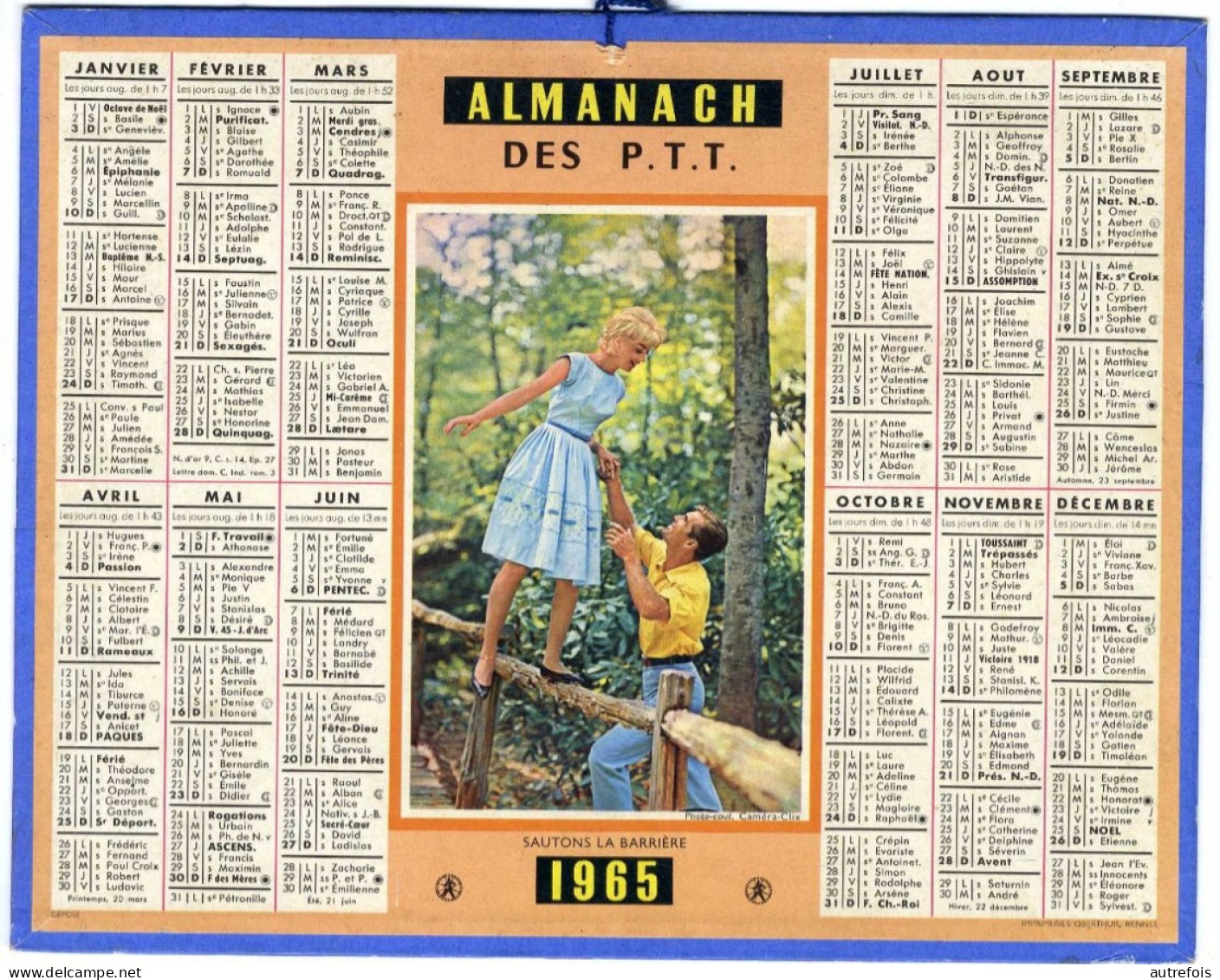 CALENDRIER 1965  ALMANACH DES P T T  -  SAUTONS LA BARRIERE  -  FEUILLET DEPARTEMENT 47 - Grand Format : 1961-70