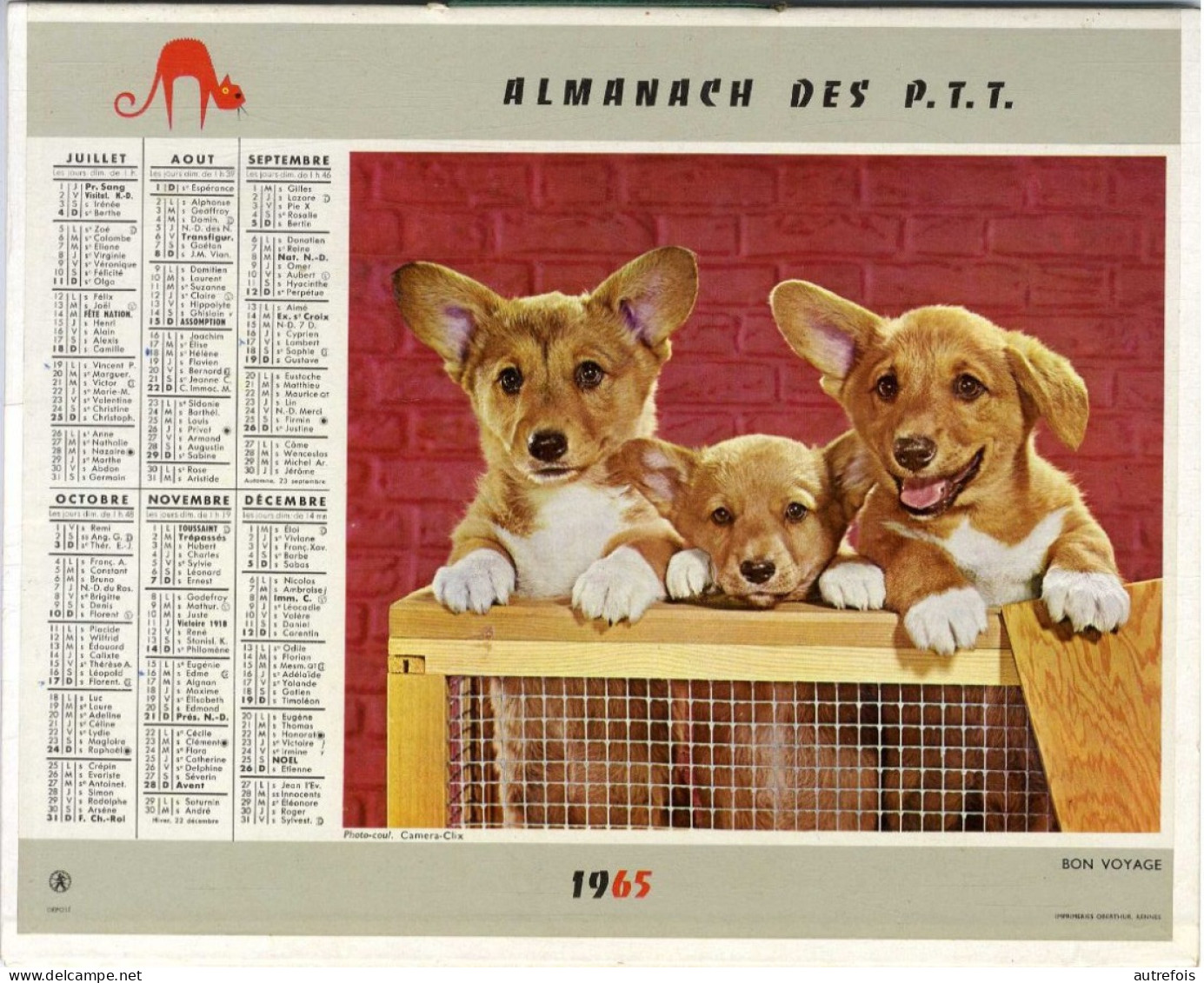 CALENDRIER 1965  ALMANACH DES P T T  -  CHATS ET CHIOT   -  FEUILLET DEPARTEMENT 04  BASSE ALPES   -  DOUBLE VOLET - Grand Format : 1961-70