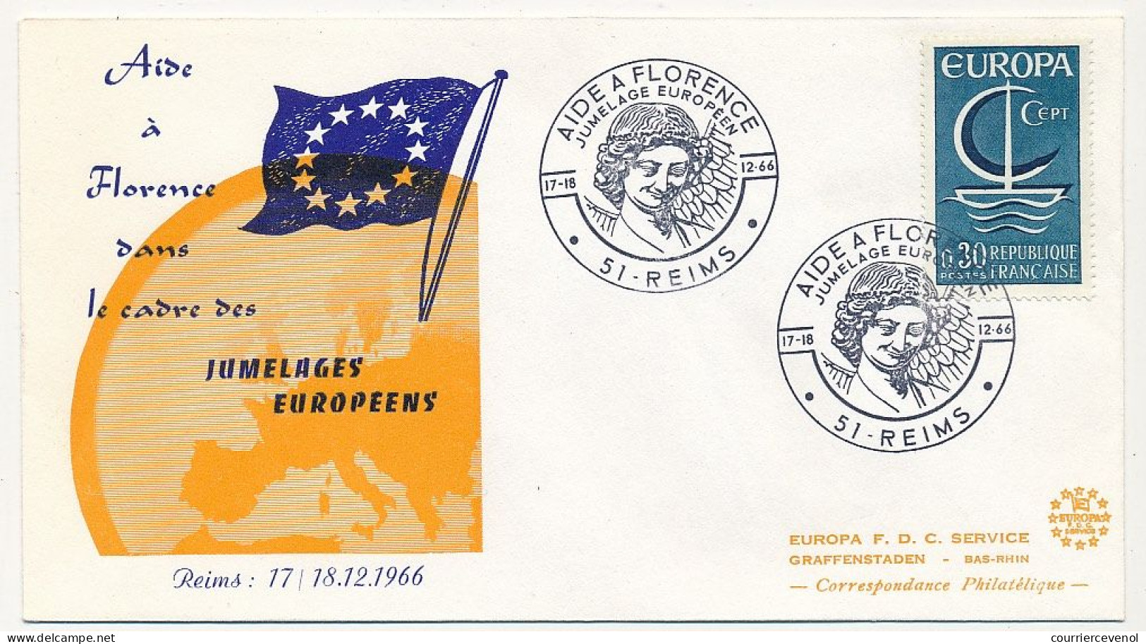 FRANCE - Env 0,30 Europa Obl Temporaire "Aide à Florence - Jumelage Européen" REIMS 17/12/1966 - Covers & Documents