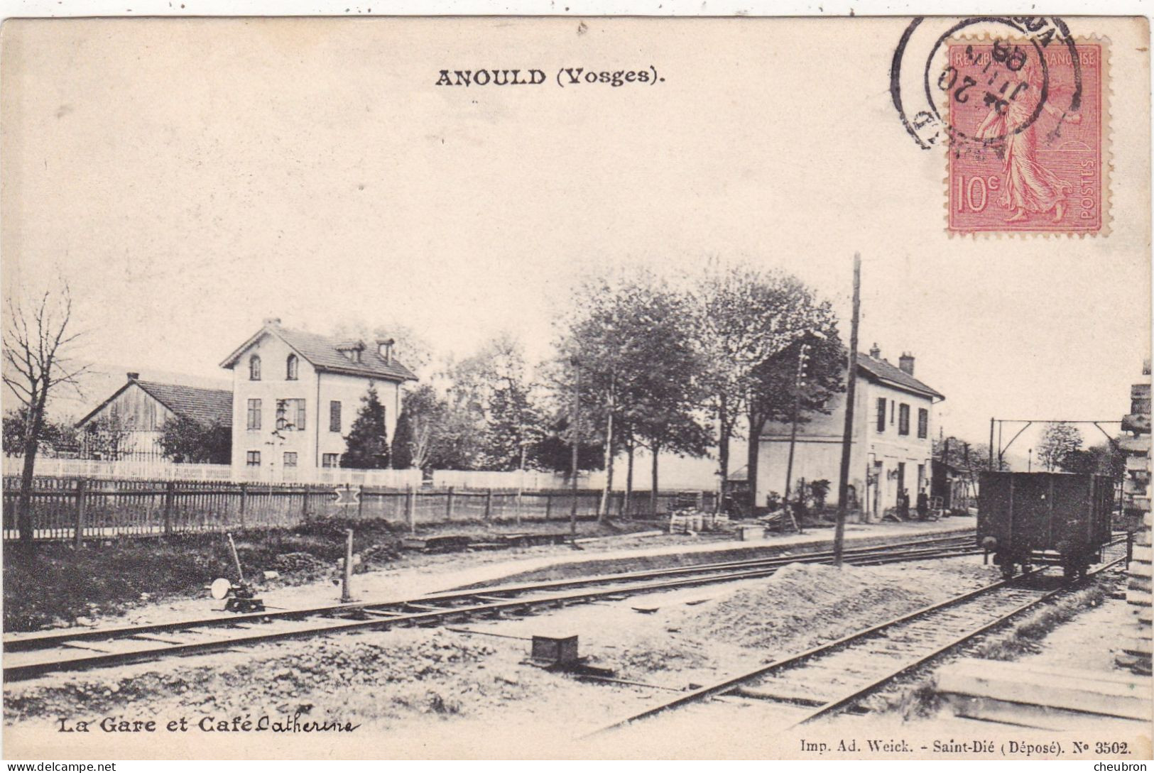 88. ANOULD. CPA. RARETE.  LA GARE ET CAFE CATHERINE. ANNEE 1906 + TEXTE - Anould