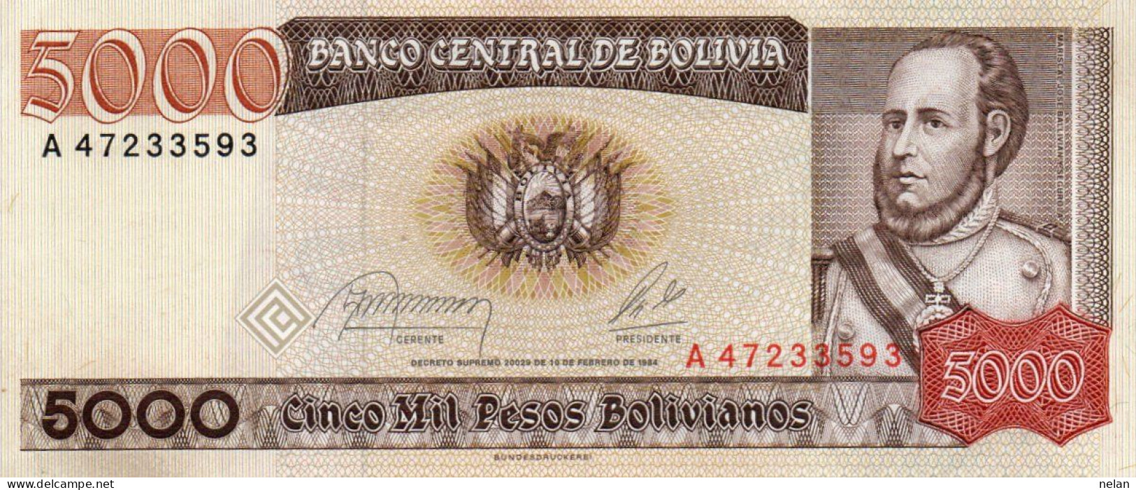 BOLIVIA 5000 PESOS BOLIVIANOS 1984   P-168a.2  XF-AUNC - Bolivie