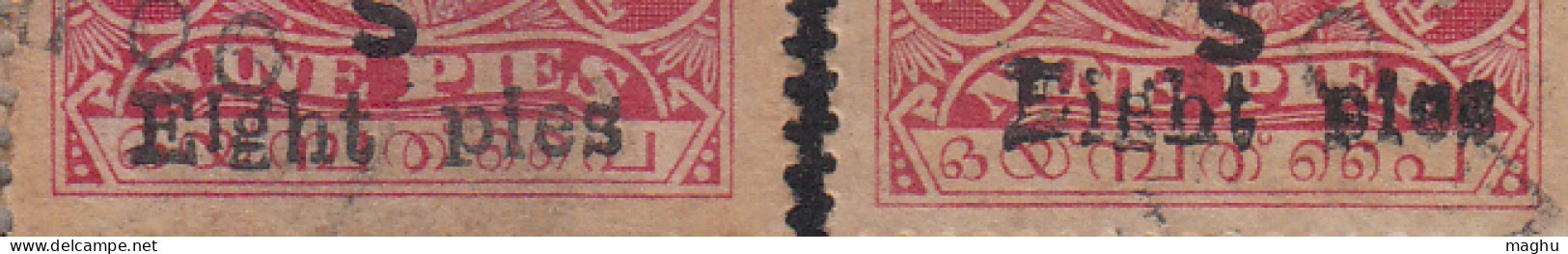 Normal + Line Below  'EIGHT PIES' Variety, Pair, Cochin, British India State,  Official Used 1923, Surcharged 8p On 9 - Cochin