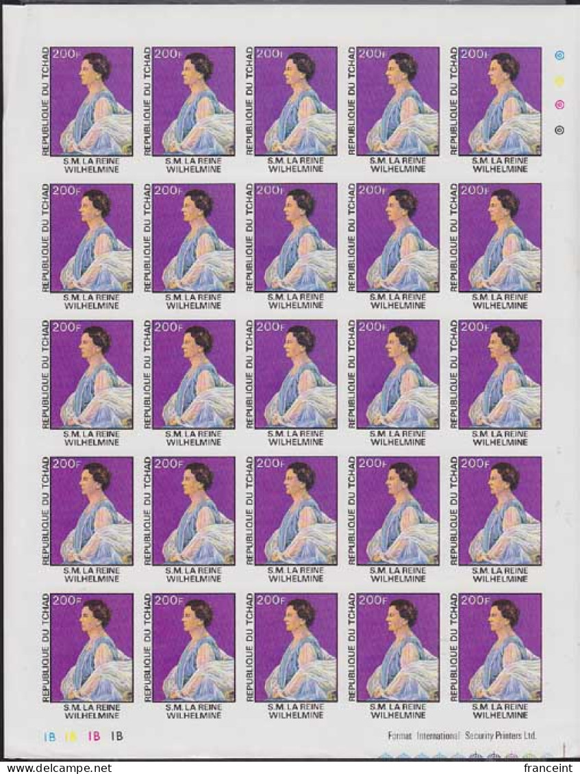 CHAD(1977) Queen Wilhelmina. Full Sheet Of 25 Imperforates. Scott No 333, Yvert No 327. - Tchad (1960-...)