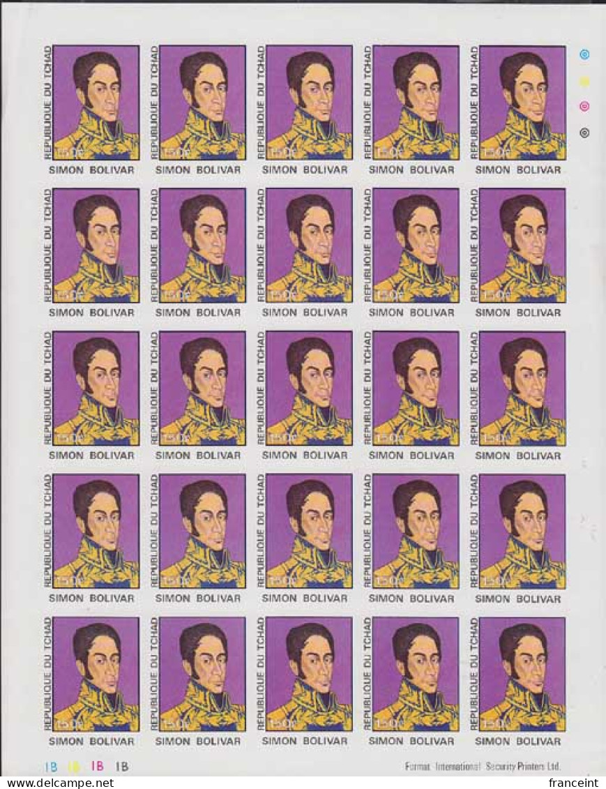 CHAD(1977) Simon Bolivar. Full Sheet Of 25 Imperforates. Scott No 330, Yvert No 325. - Tchad (1960-...)