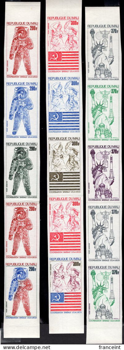 MALI(1975) US-USSR Space Cooperation. Set Of 3 Trial Color Proof Strips Of 5. Scott Nos C247-9. Yvert Nos PA 245-7. - Mali (1959-...)