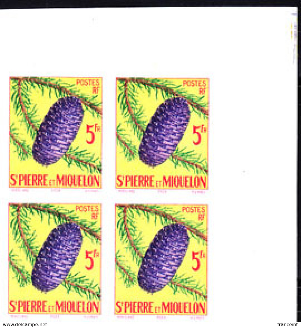 ST. PIERRE & MIQUELON(1959) Spruce. Imperforate Corner Block Of 4. Scott No 357, Yvert No 359. - Sin Dentar, Pruebas De Impresión Y Variedades