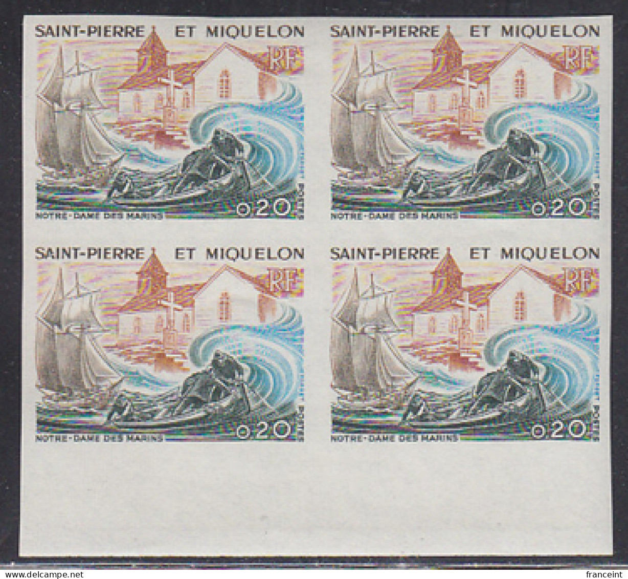 ST. PIERRE & MIQUELON(1974) Fishermen. Church Of Our Lady Of The Sailors. Imperforate Margin Bl/4. Yvert 440, Scott 438 - Sin Dentar, Pruebas De Impresión Y Variedades