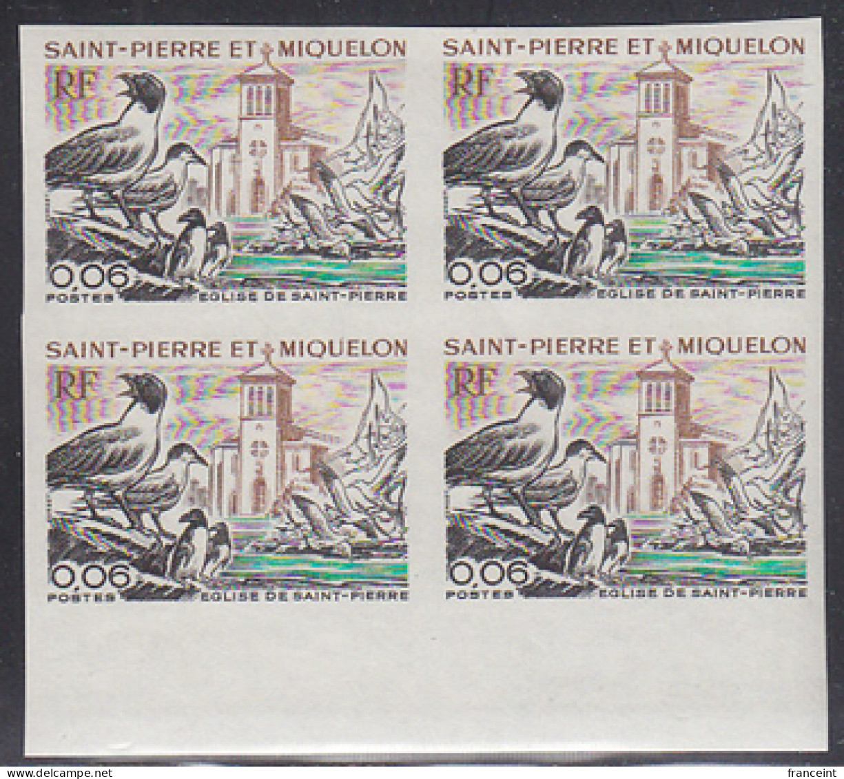 ST. PIERRE & MIQUELON(1974) Seagulls. Church Of St. Pierre. Imperforate Margin Block Of 4. Scott 436, Yvert 438 - Sin Dentar, Pruebas De Impresión Y Variedades