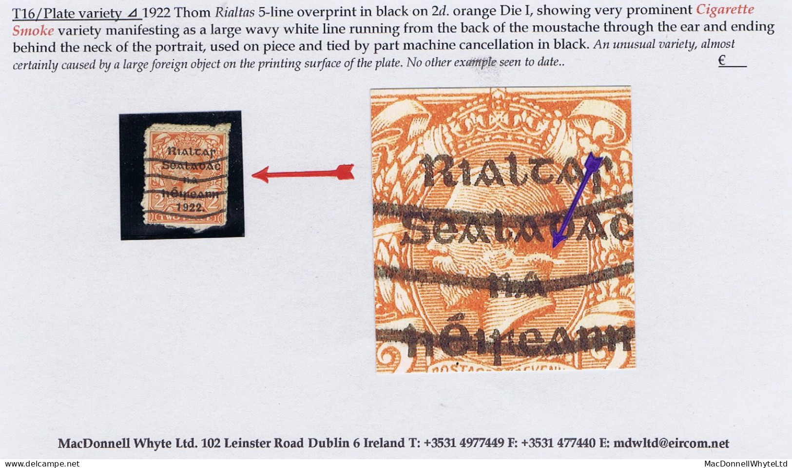 Ireland 1922 (Feb.) Thom Rialtas 5-line Overprint In Black On 2d Orange Die I, Very Prominent "Cigarette Smoke" Variety - Gebruikt