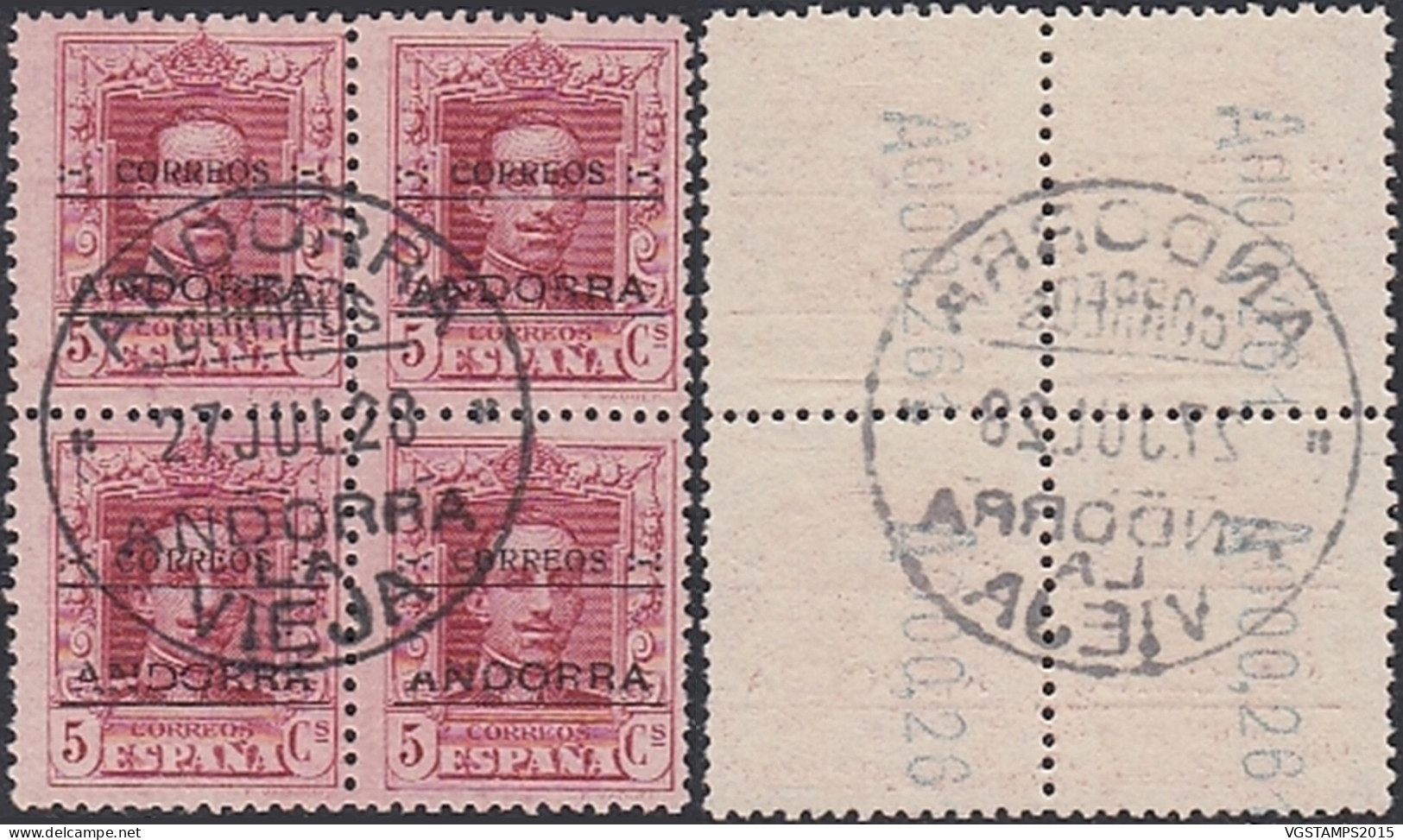 Andorre (Espagnole) 1928 - Timbres  Oblitérés. Yvert Nr.: 2. Michel Nr.: 2. Bloc De 4. Avec Variétée.......AR50-00111 - Gebruikt