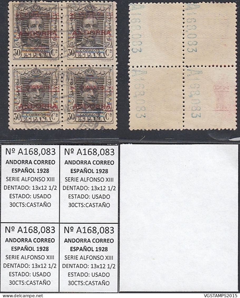 Andorre (Espagnole) 1928 - Timbres  Oblitérés. Yvert Nr.: 7. Michel Nr.: 7. Bloc De 4.  Reimpression G.....AR50-00120 - Gebruikt