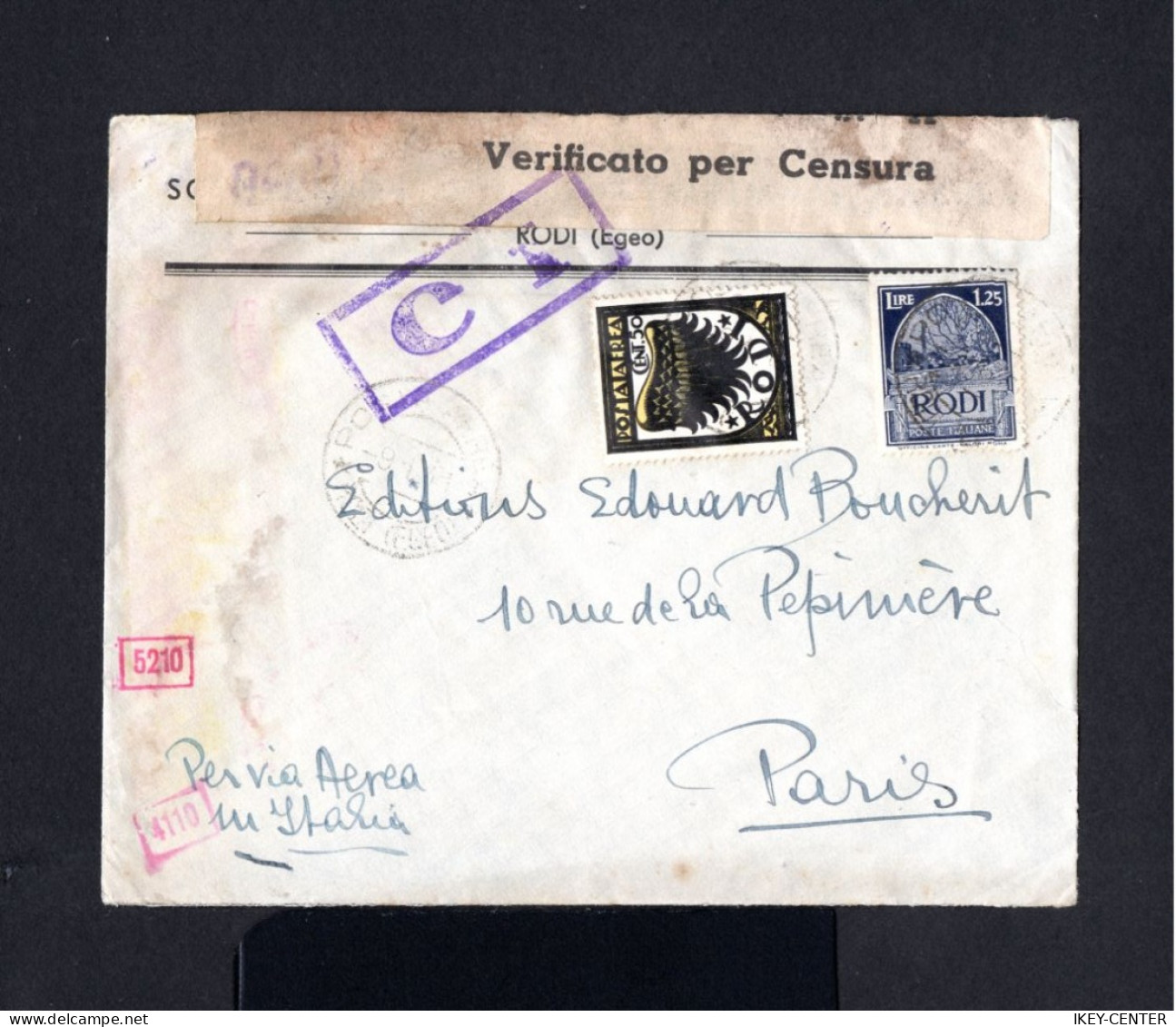 S1820-RODI-MILITARY NAZI CENSOR COVER RODES To PARIS (france) 1941.WWII.Italian ColonieS.Busta Aerea ITALIA. - Egée (Rodi)