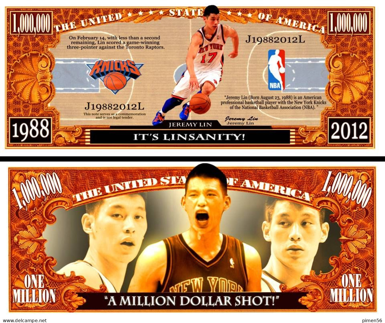 USA - FANTASY NOTE -  JEREMY  LIN , BASKETBALL  PLAYER  - UNC - Otros & Sin Clasificación