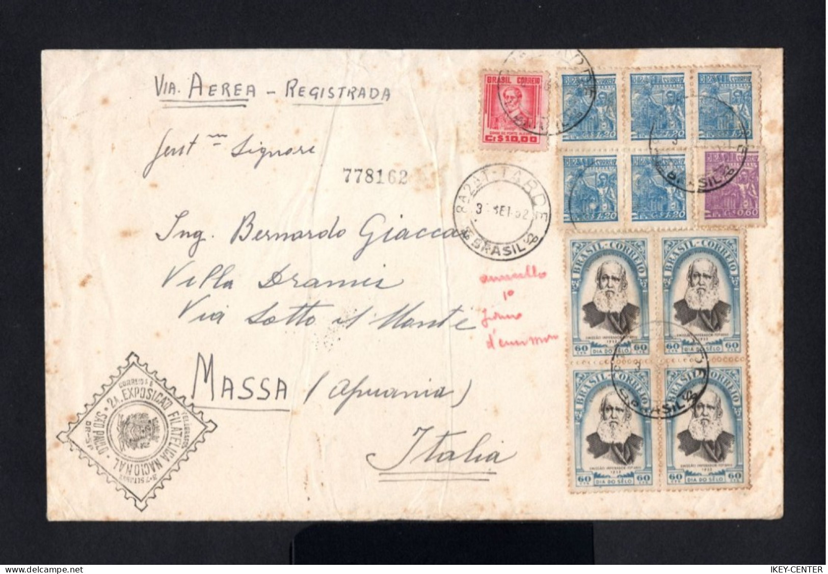 S710-BRAZIL-AIRMAIL REGISTERED COVER SAO PAULO To MASSA (italy).1952.ENVELOPPE AERIEN Recommande BRESIL - Lettres & Documents