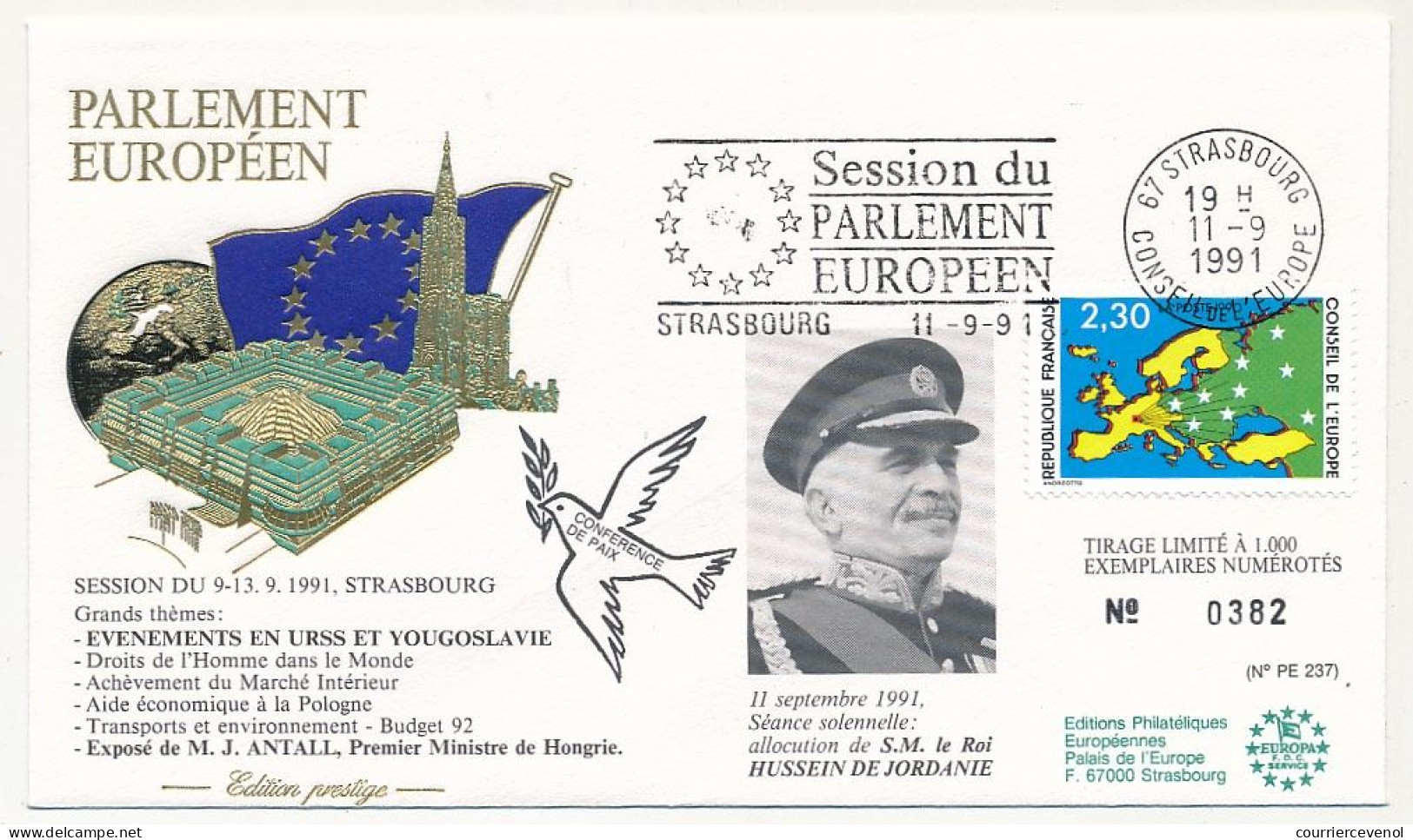 FRANCE - Env 2,30 Conseil Eur. OMEC Strasbourg Session Parlement Européen 11/9/1991 - S.M. Roi Hussein De Jordanie - Covers & Documents