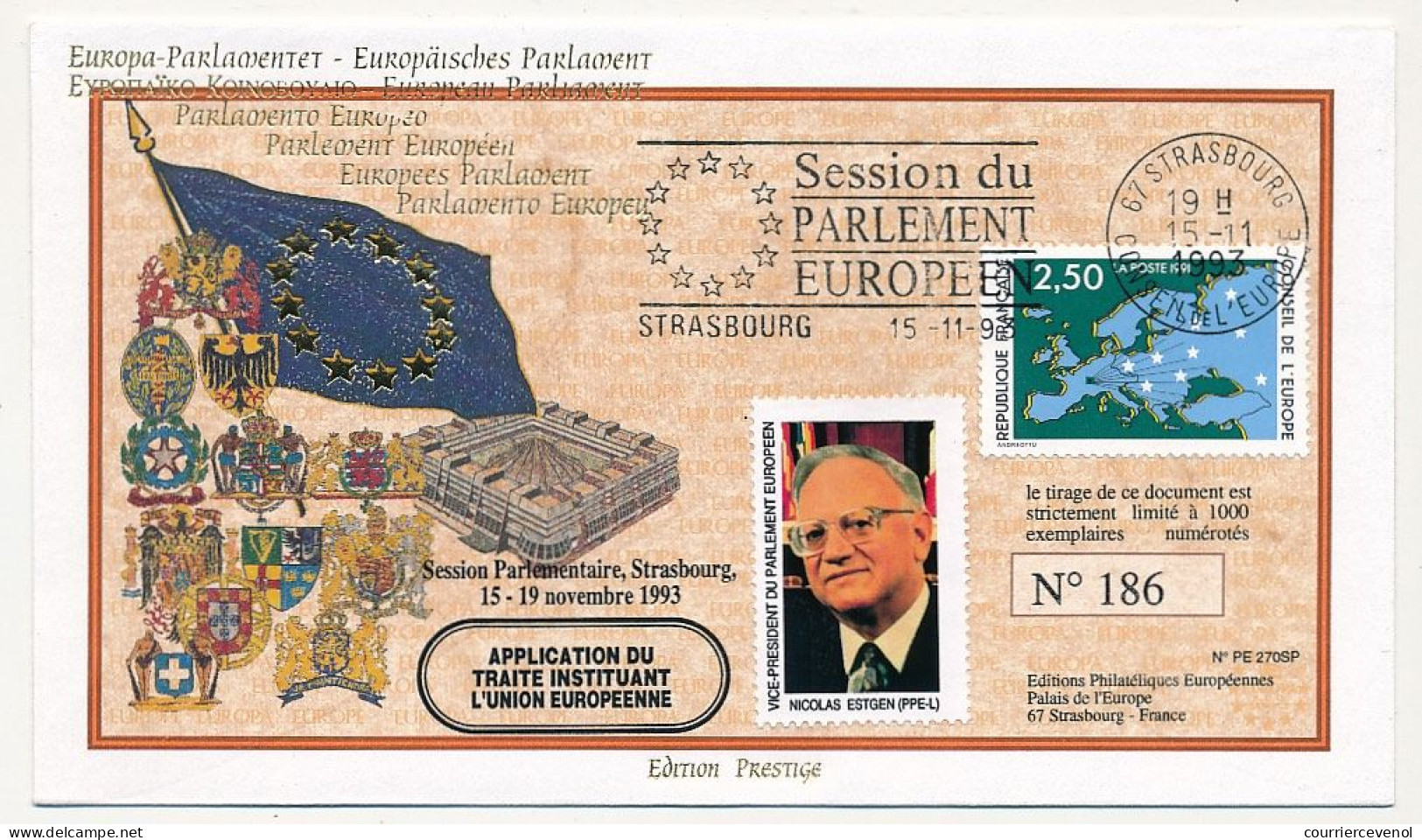 FRANCE - Env 2,50 Conseil Eur. + OMEC Strasbourg Session Parlement Eur. 18/11/1993 - Vignette Nicolas Estgen - Storia Postale