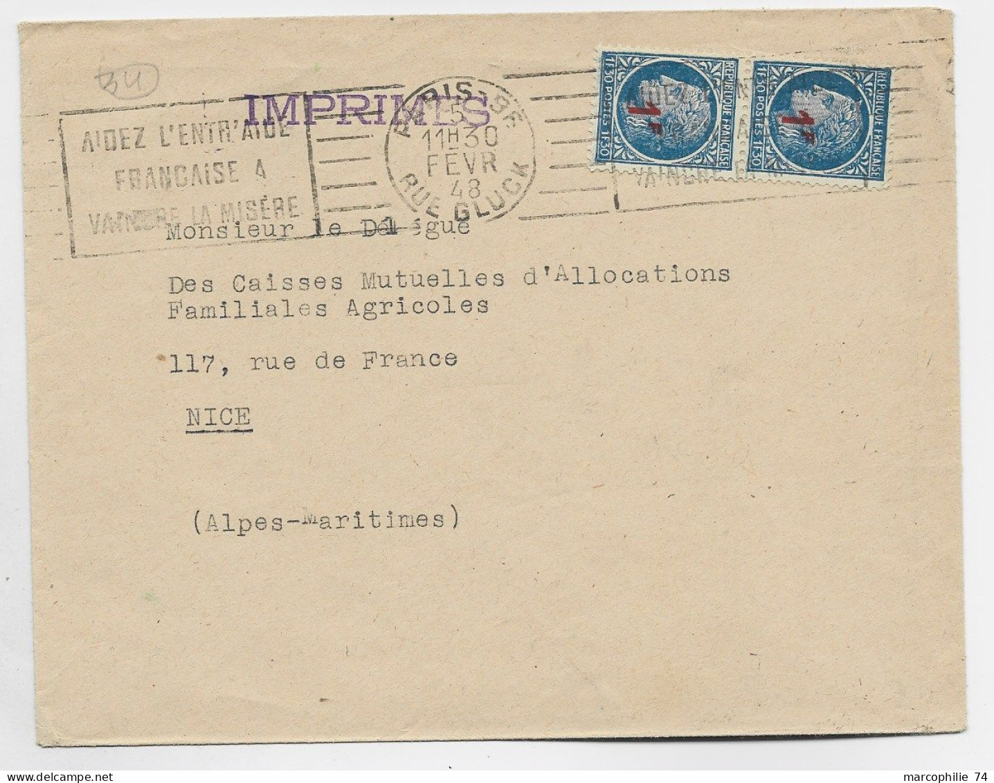 FRANCE MAZELIN 1FR30 SURCHARGE 1FR PAIRE LETTRE PARIS 5 FEVR 1948 TARIF IMPRIME - 1945-47 Ceres Of Mazelin