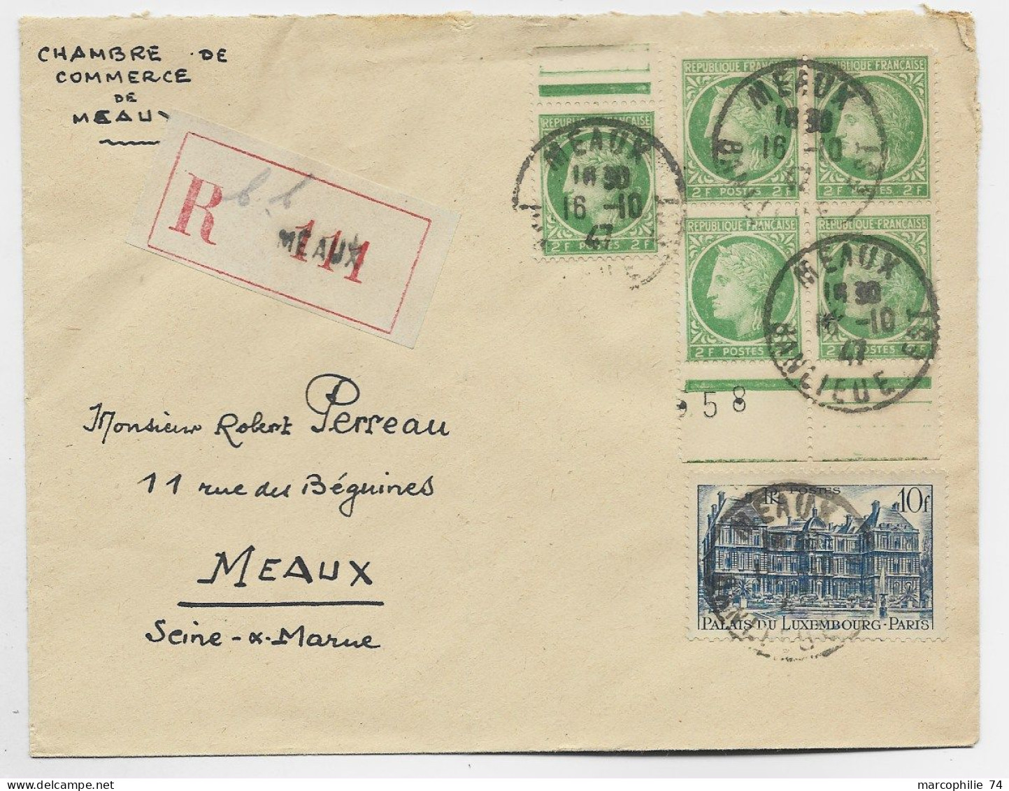 FRANCE MAZELIN 2FR BLOC DE 4 BDF+1+ N°760 LETTRE COVER REC MEAUX 16.10.1947 AU TARIF - 1945-47 Ceres (Mazelin)