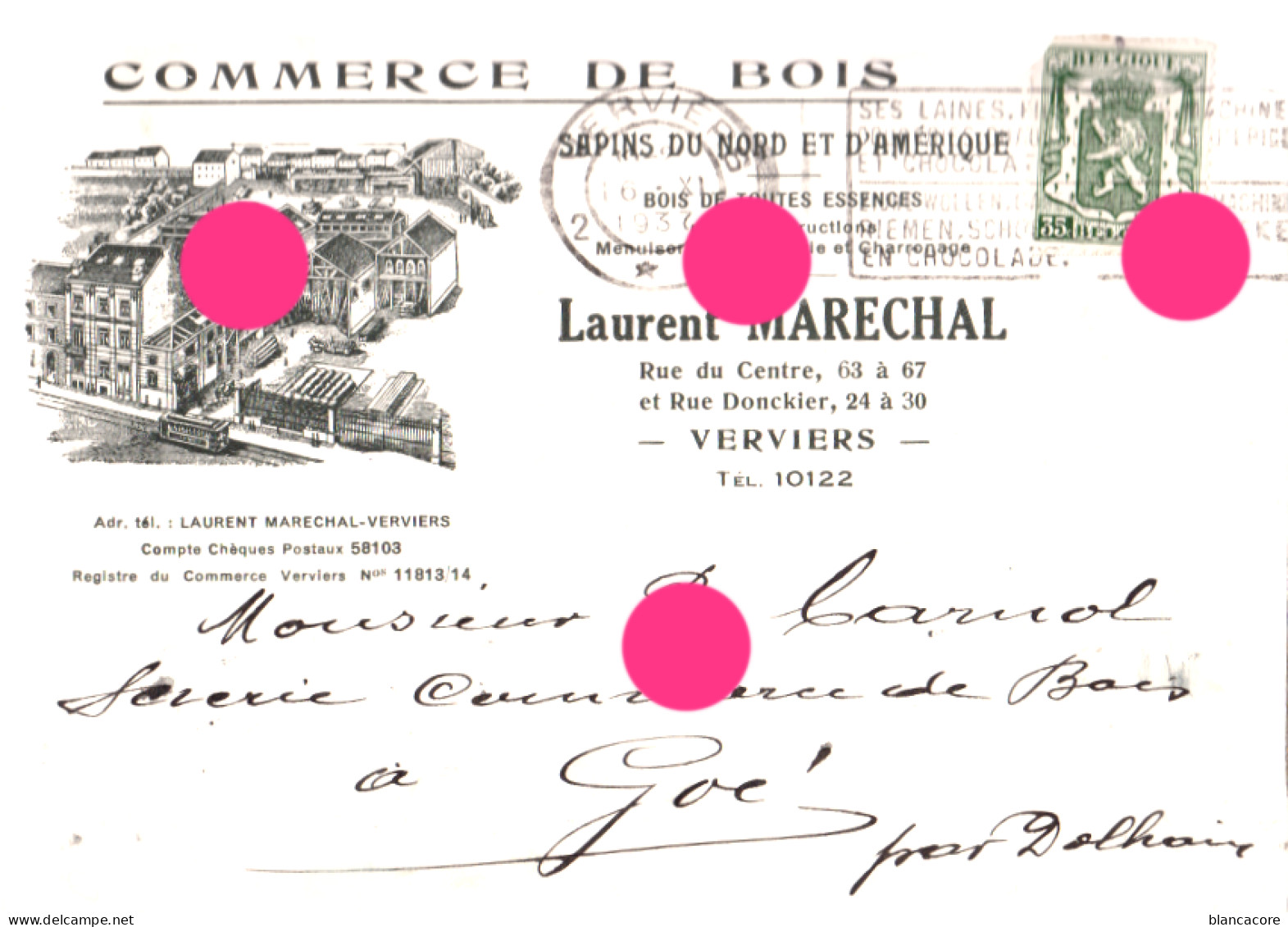 Verviers  Cachet Postal 1937 Commerce De Bois LAURENT MARECHAL - Verviers