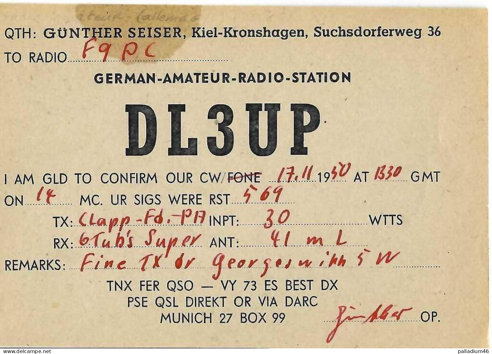 QSL ALLEMAGNE MUNICH  -  DL 3 UP GUNTHER SEISER - RADIO AMATEUR  - 17.11.1950 - F9PC - Autres & Non Classés