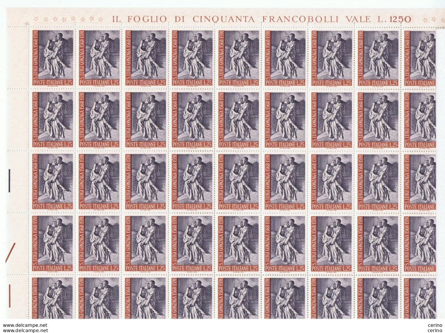 REPUBBLICA:  1968  S. LUIGI  GONZAGA  -  £. 25  BRUNO  ROSSO  E  VIOLETTO  FGL. 50  N. -  SASS. 1088 - Full Sheets