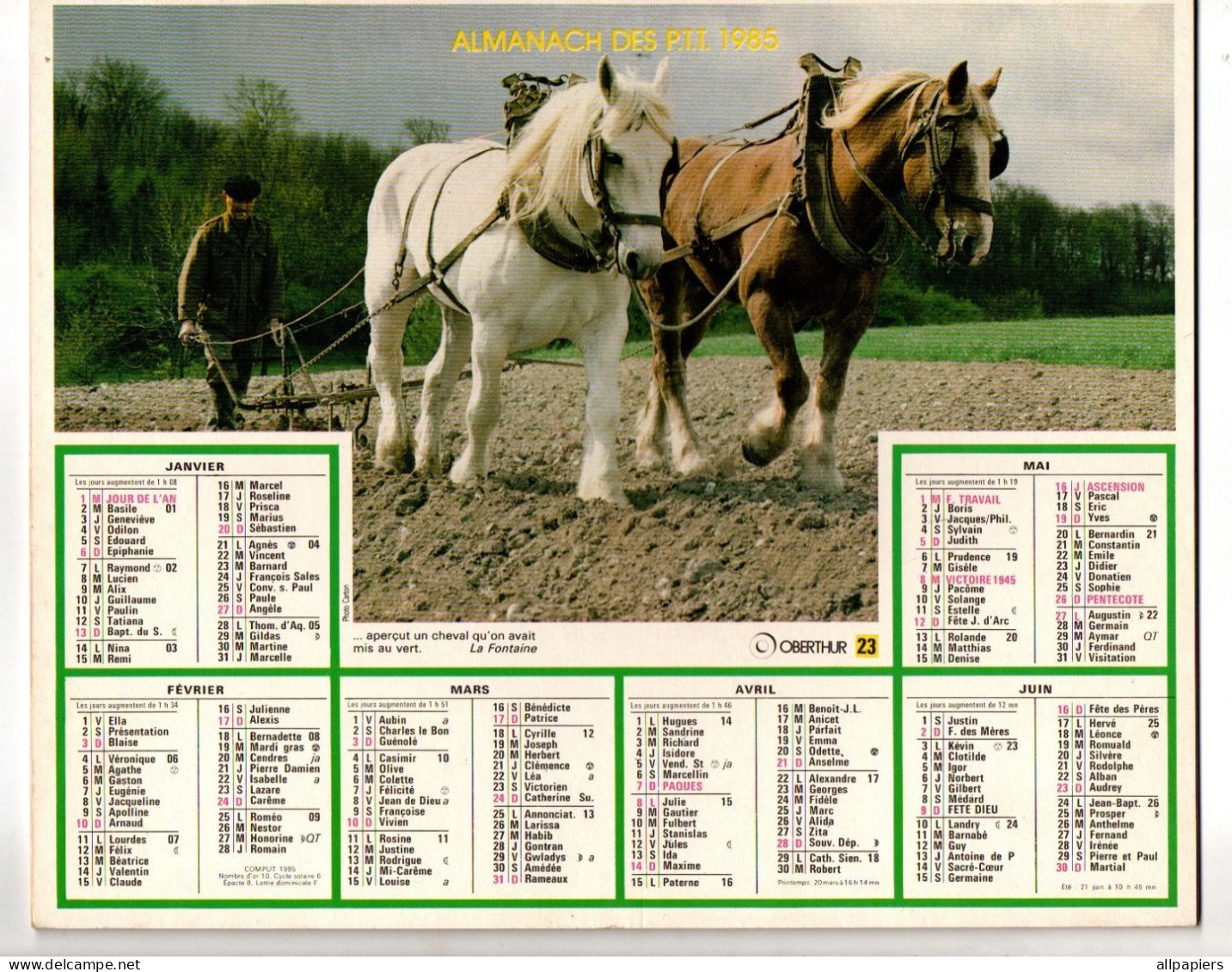 Almanach Des P.T.T. 1985 Labours Avec Chevaux Et Vendange - Complet Région Nord - Formato Grande : 1981-90